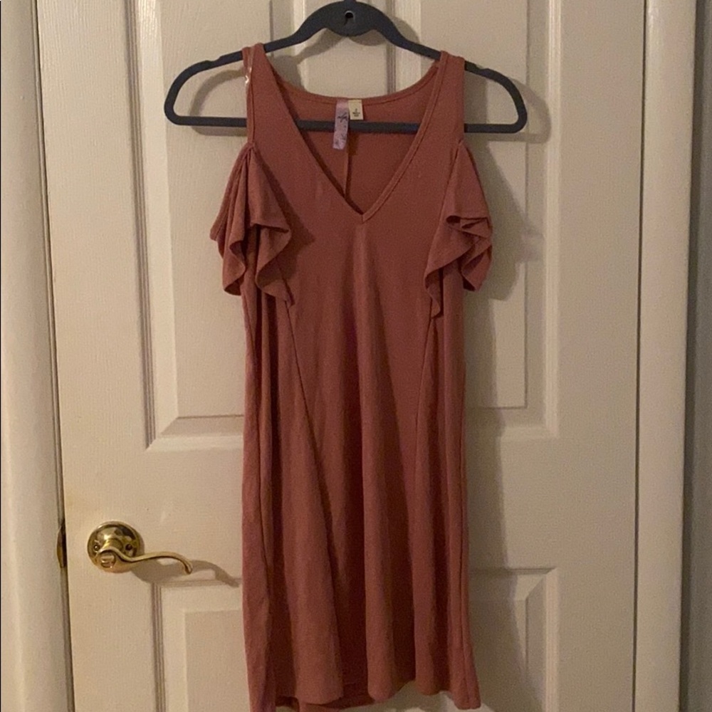 blush pink off the shoulder dress